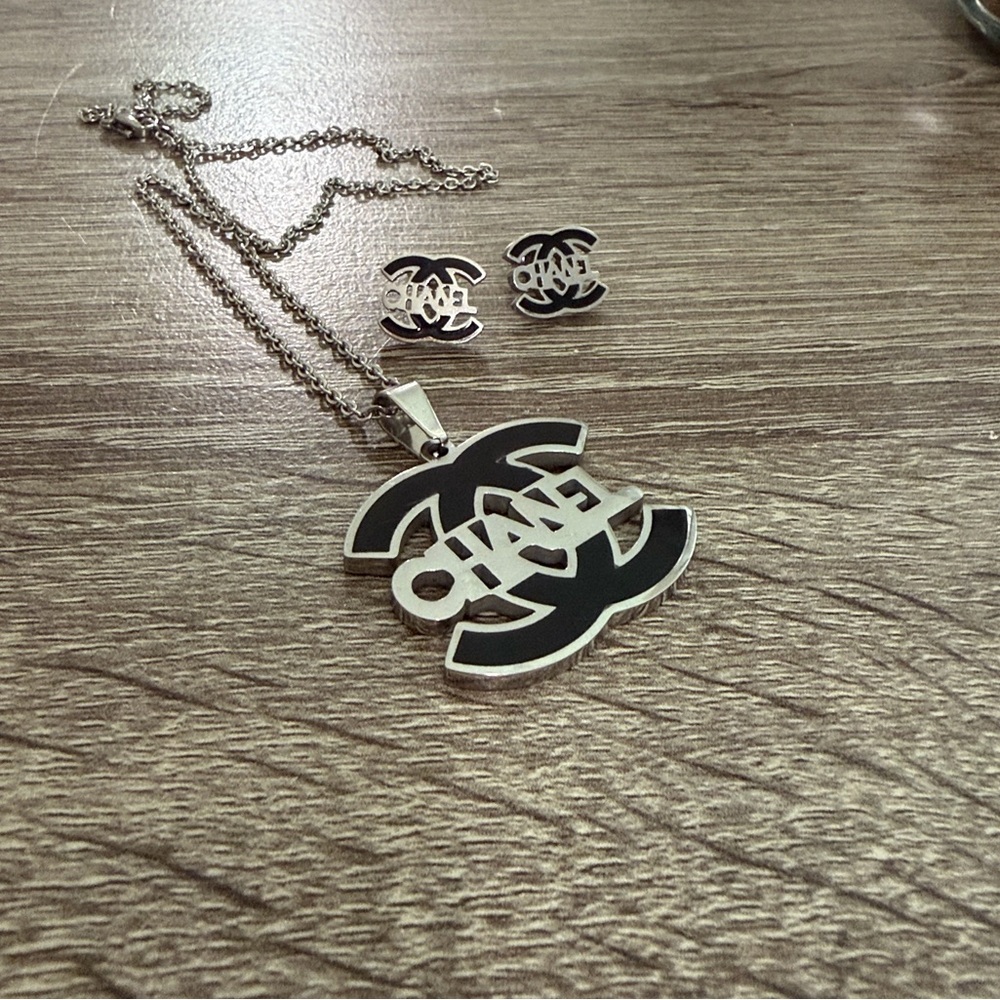 Silver and Black Necklace and Earrings Set